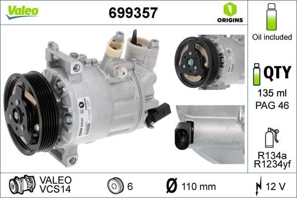 Compresseur, climatisation VALEO ORIGINS TECHNOLOGIE D'ORIGINE