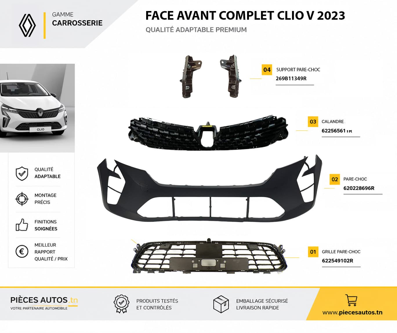 Pare-choc Avant Complet Renault Clio 5 2024 avec Calandre, Support et Grille