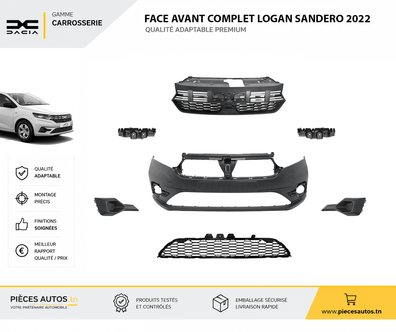 Pare-choc Avant Complet Dacia Logan 2022 avec Calandre, Support, accessoires et Grille